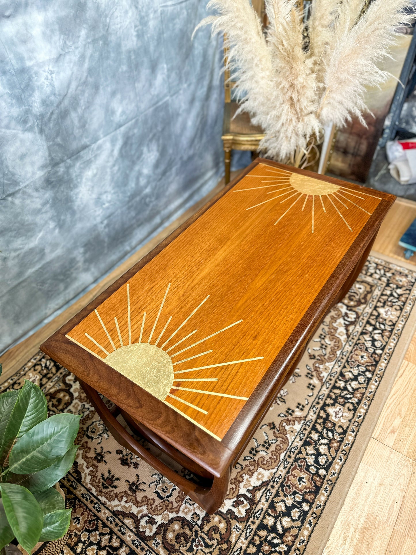 G Plan Long John Nest of 3 Tables with Gold Leaf Sunburst Design - Mid Century Modern MADE TO ORDER