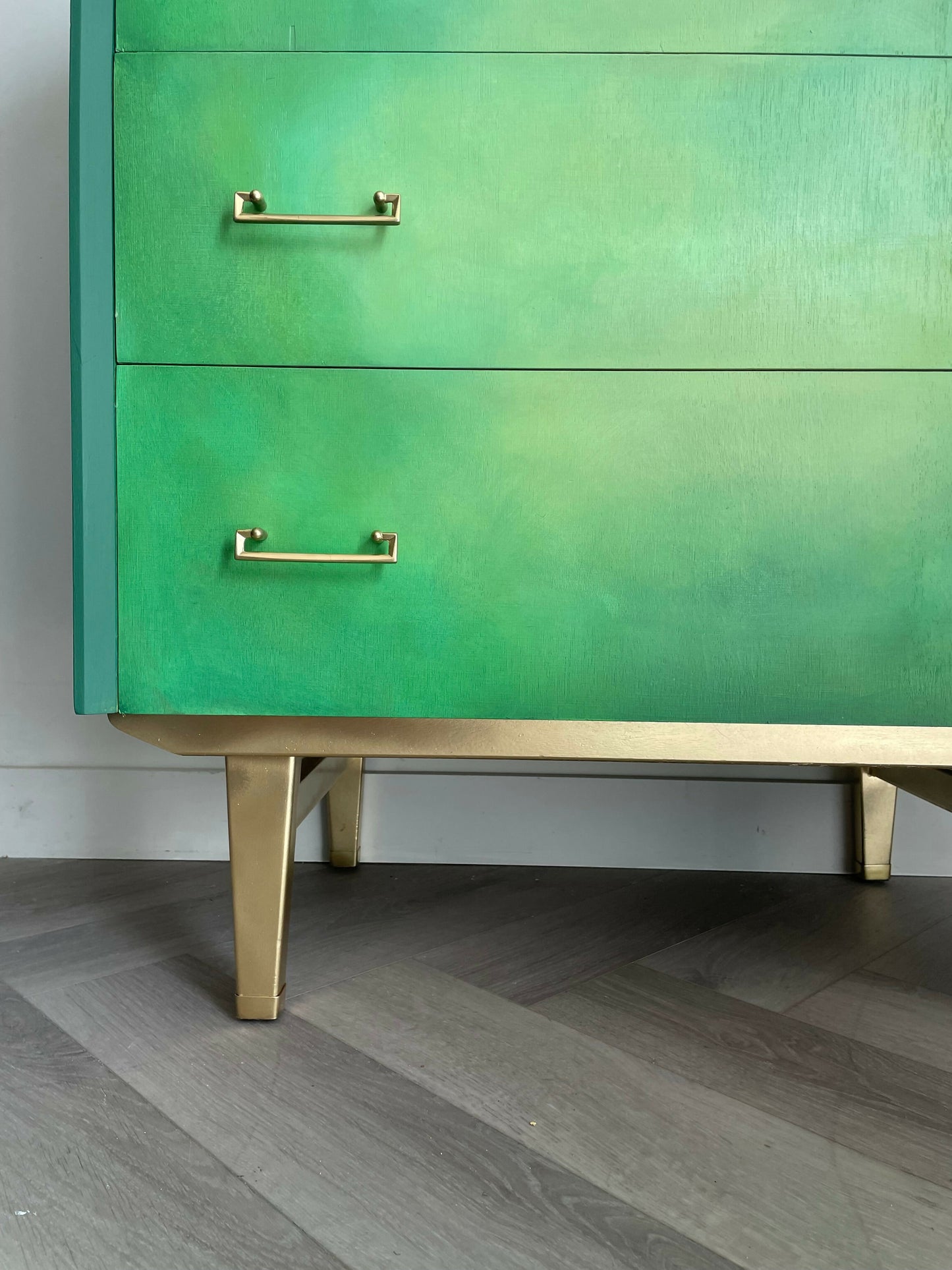 Mid Century Chest of Drawers Hand Painted Green With Gold Legs