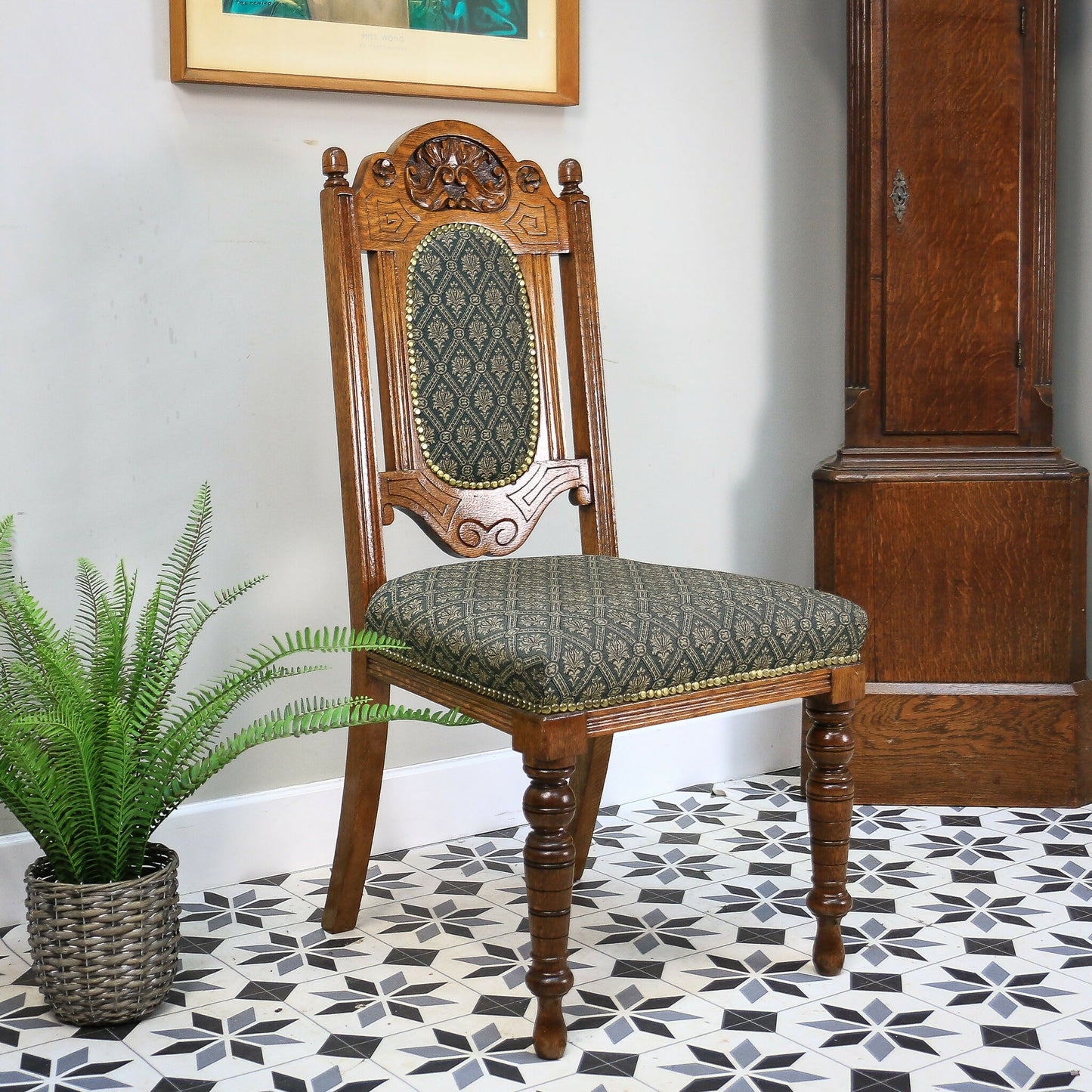 Victorian Side or Hall Chair Carved Back in Solid Oak with Green and Gold Fabric