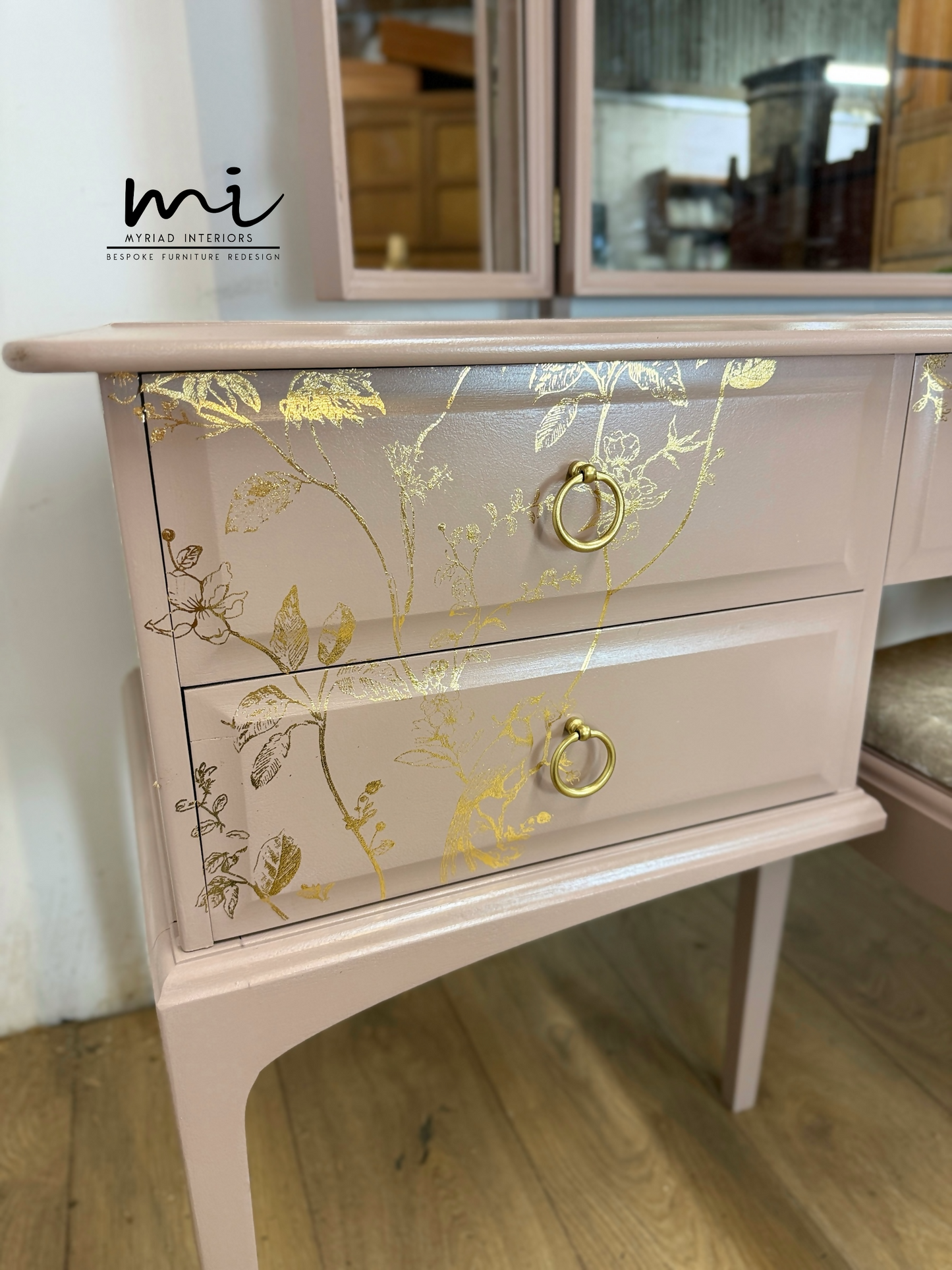 Painted to Order Pretty Dusky pink Stag Minstrel dressing table art with gold birds and flower design. Rose