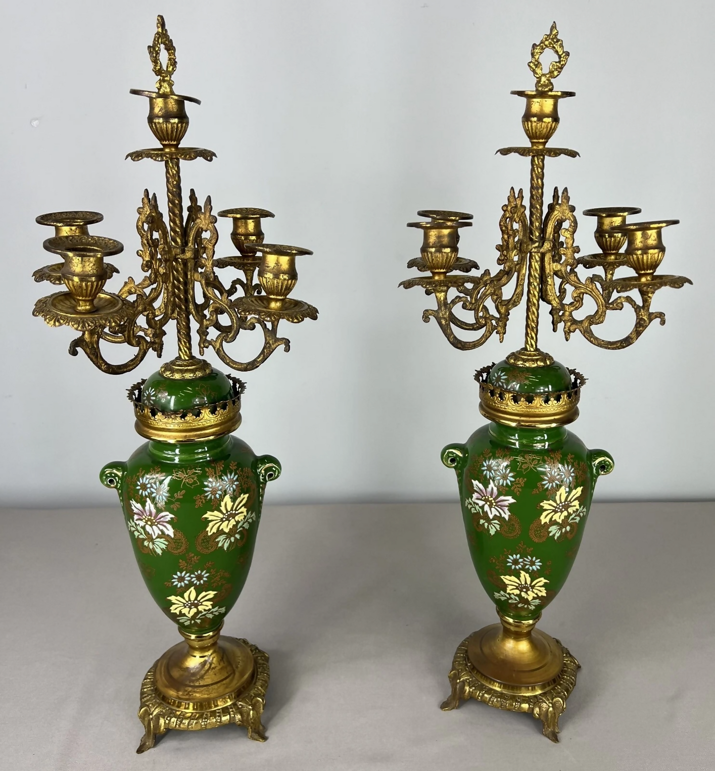 Mantel Clock Set Antique French Garniture Porcelain Bronze Candelabras LOT 3620