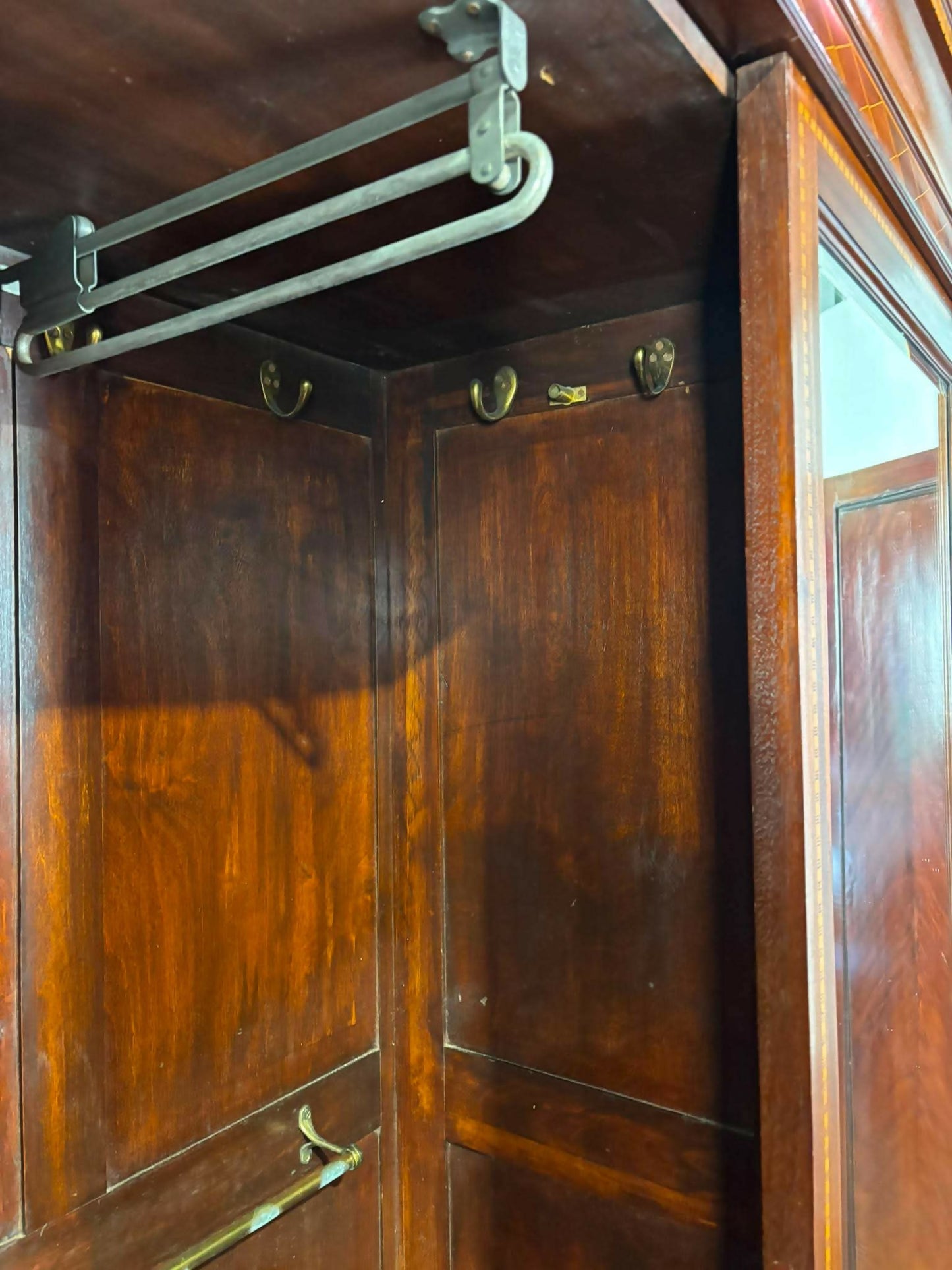 Edwardian Mahogany Inlaid Wardrobe / Armoire with Mirror & Drawers