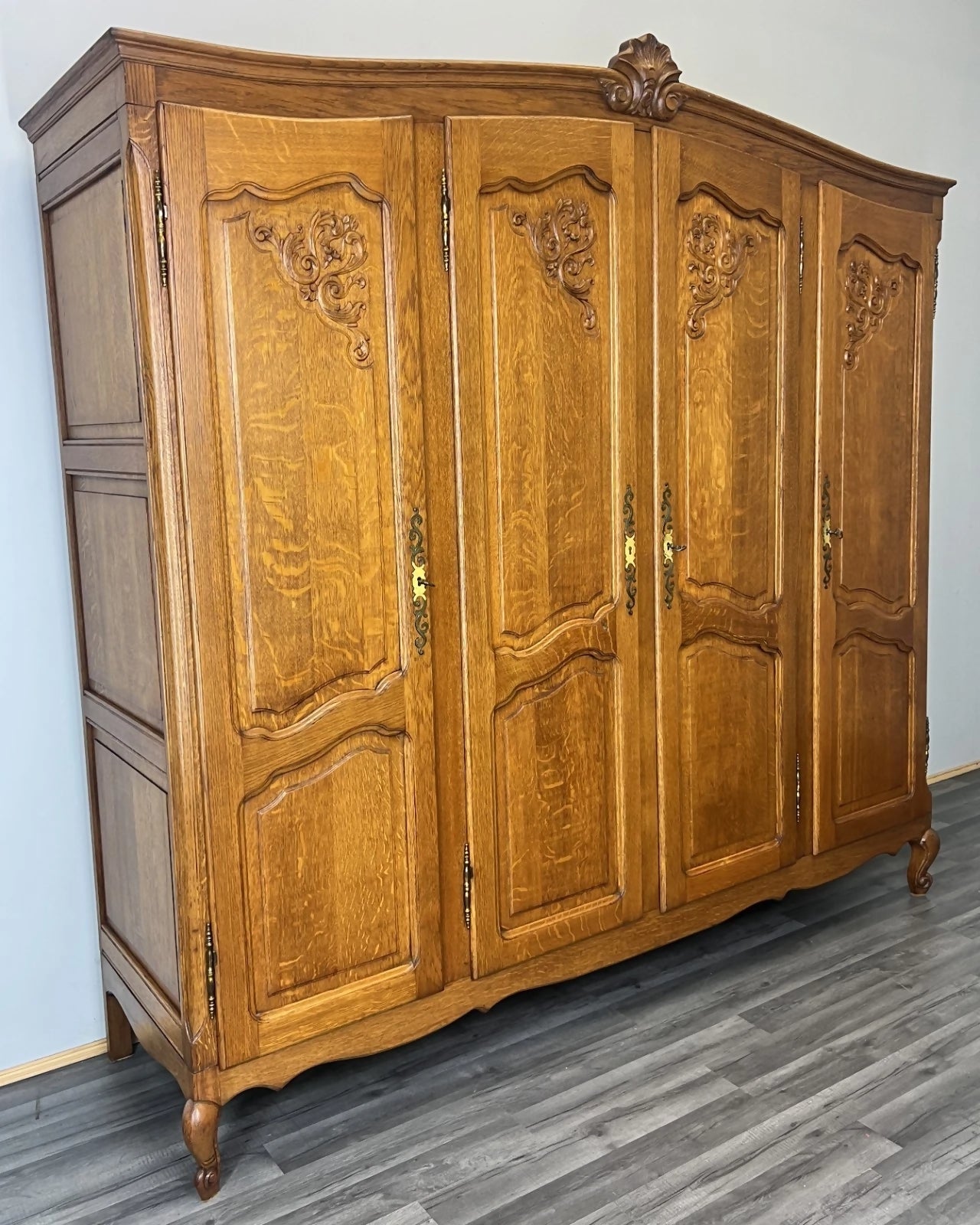 Wardrobe Vintage French Louis XVI Style Oak Four Door Armoire LOT 4814