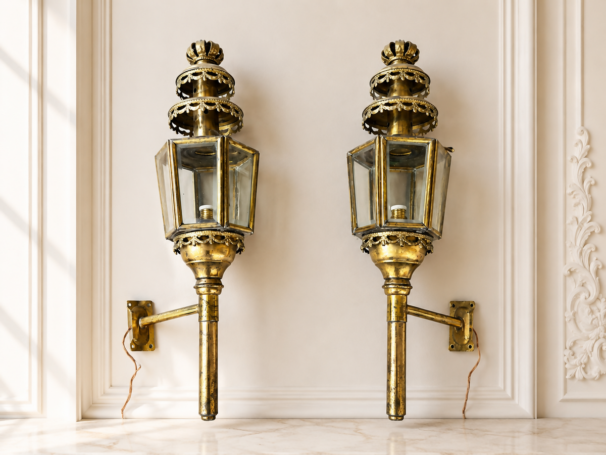 Pair of Wall Lights Antique French Style Lantern Sconces Glass LOT 6478
