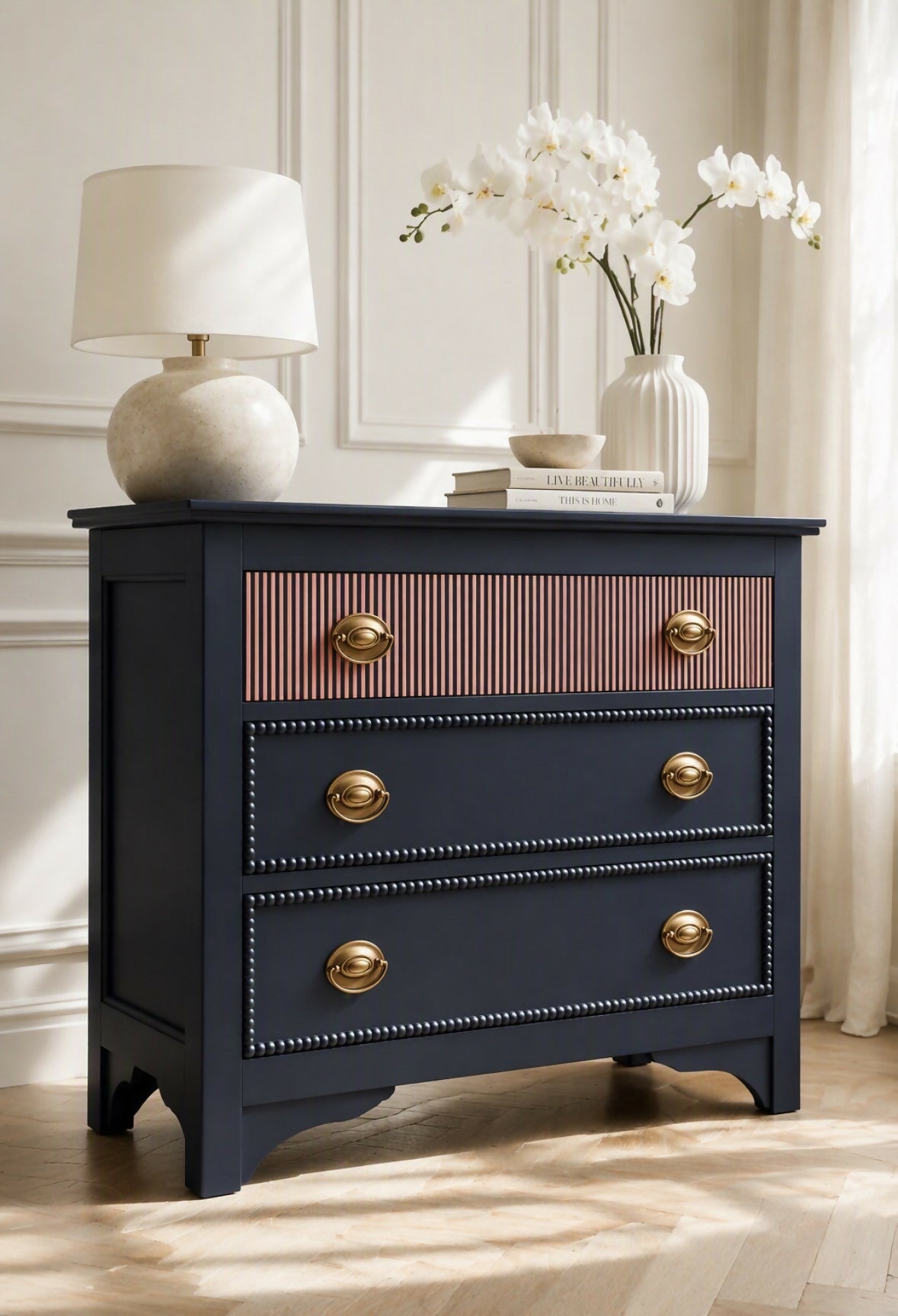 Hand-Painted Navy & Coral Vintage Chest of Drawers