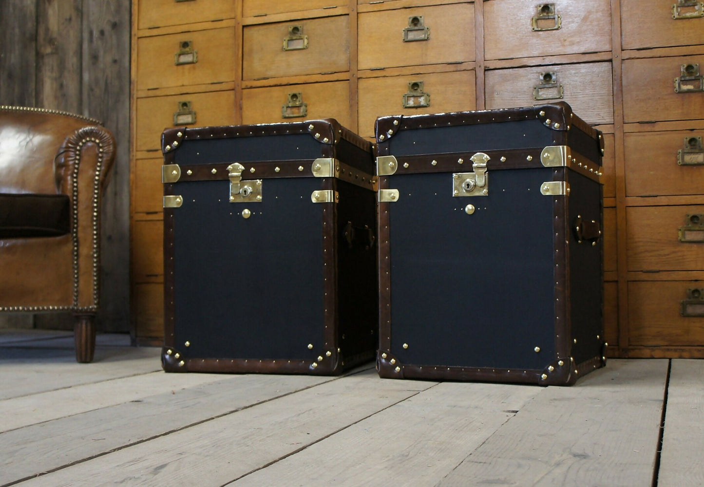 Vintage Black Millerain Handmade End tables - English bespoke storage trunks