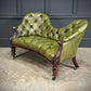 Vintage Victorian Green Buttoned Leather Double Spoon Back Sofa