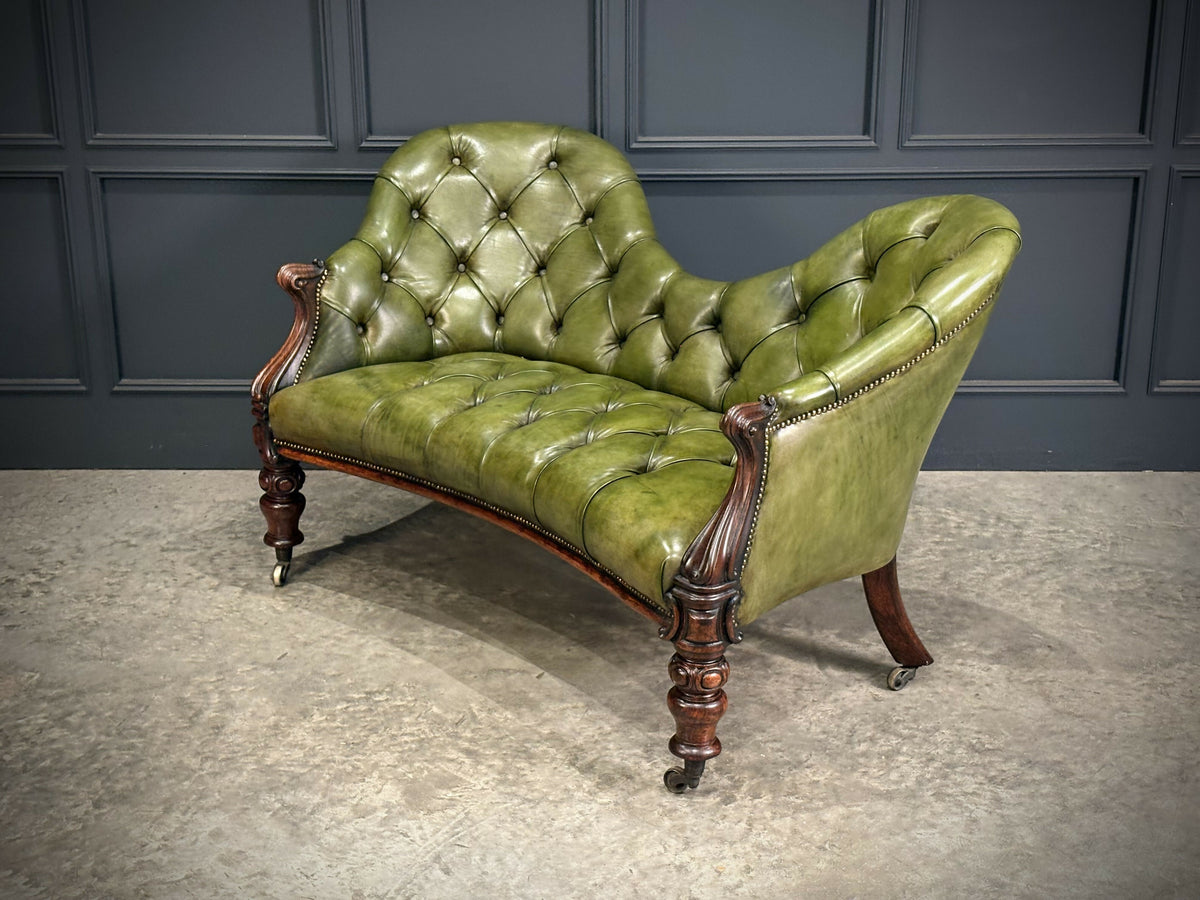 Vintage Victorian Green Buttoned Leather Double Spoon Back Sofa