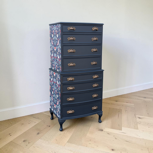 Vintage navy blue chest of drawers William Morris decoupage tallboy