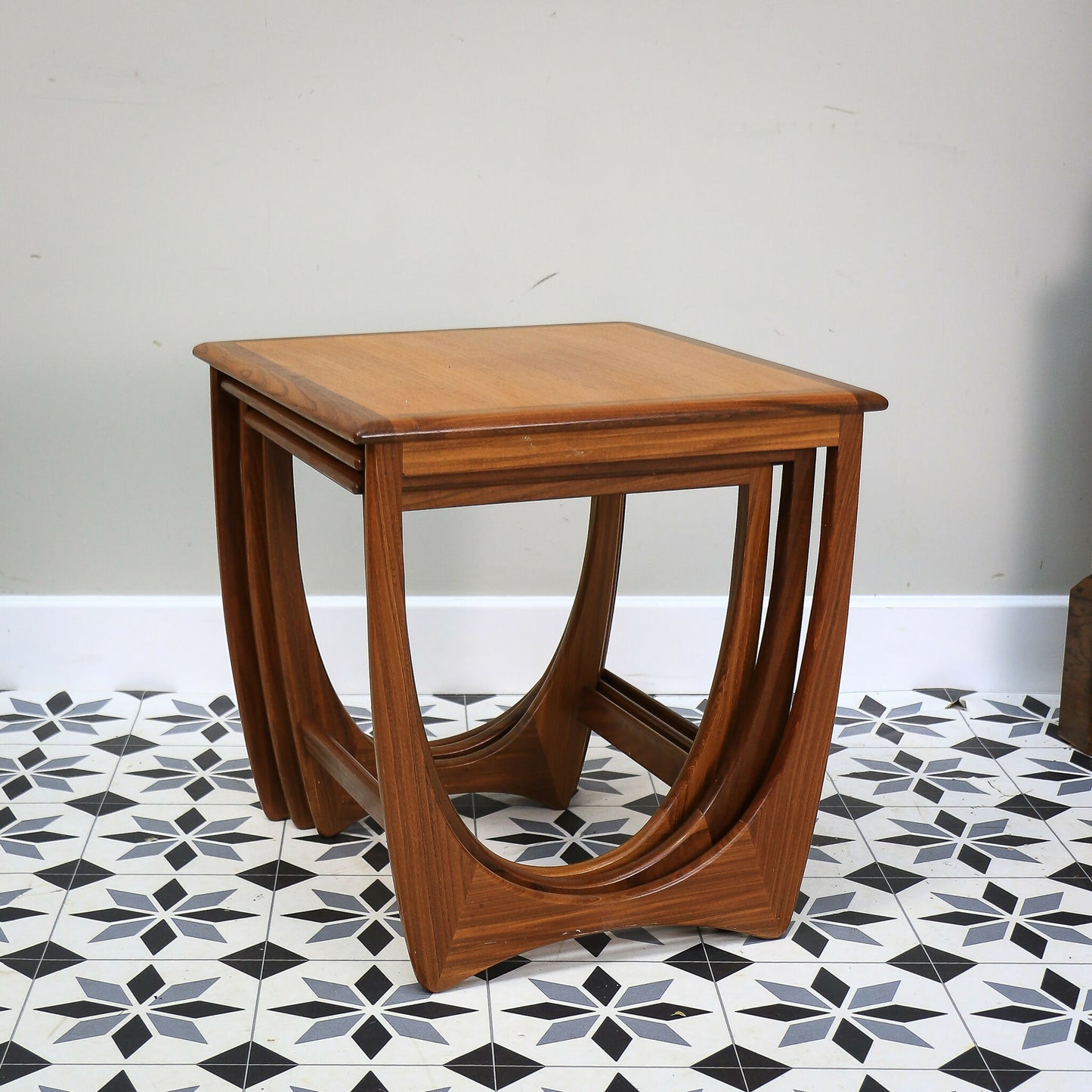 G Plan Nest of Three Tables Astro Design with Teak Tops and Afromosia Legs.