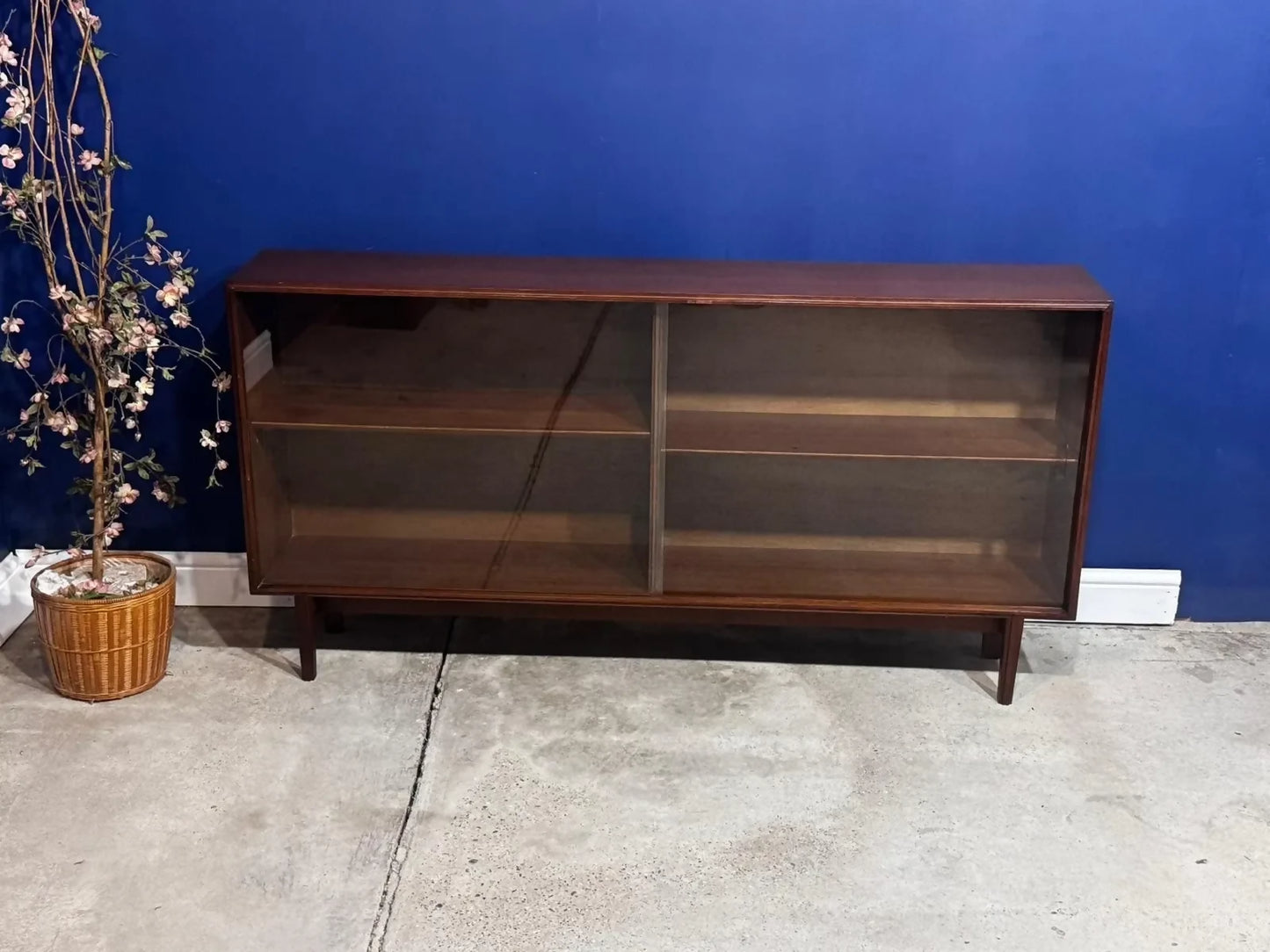 Vintage Glass Teak Display Bookcase Wide Teak Mid Century Glass Display Cabinet