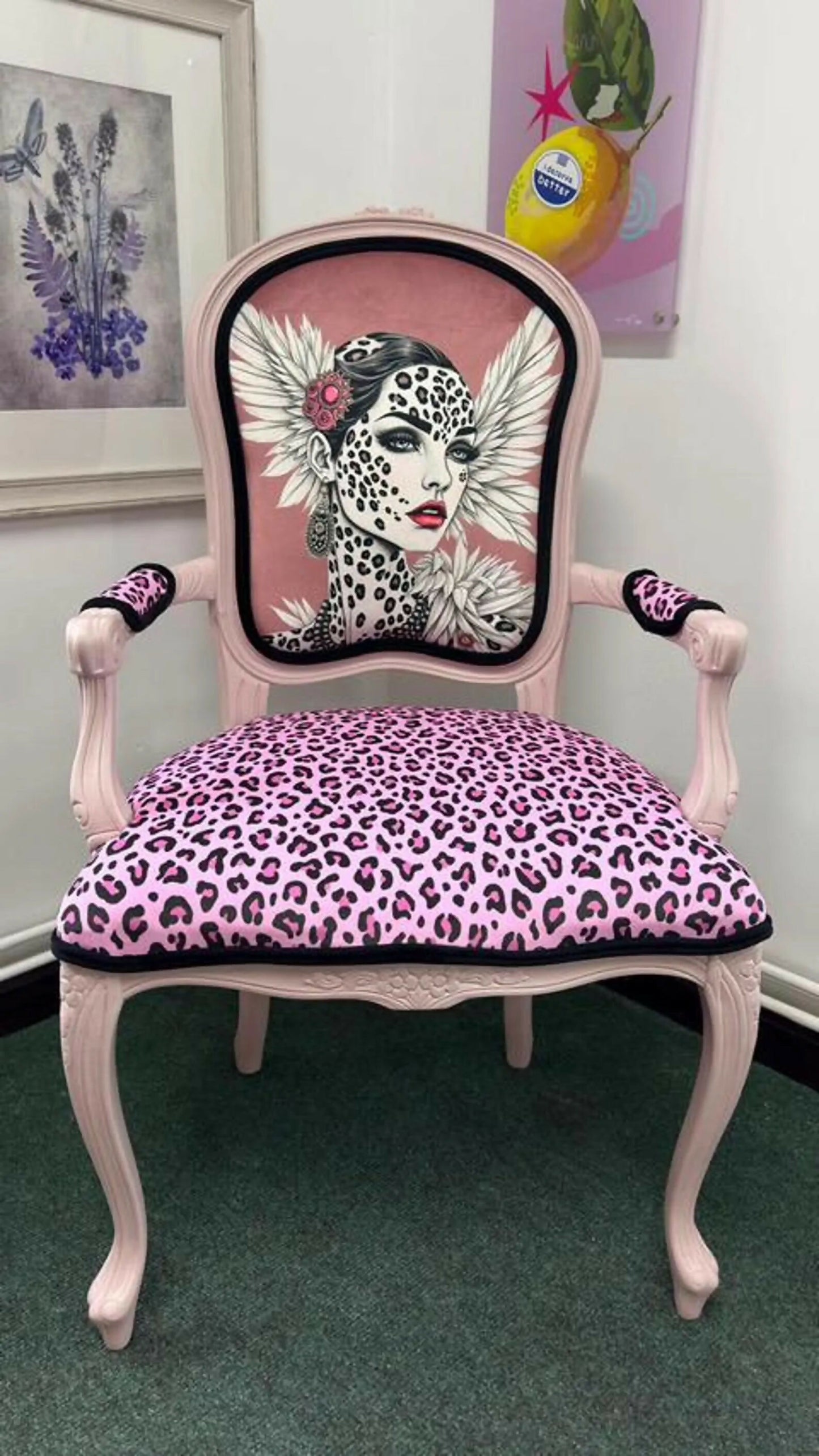 Bespoke Bold Upholstered Statement Chair – Pink Leopard Print & Designer Art Backrest