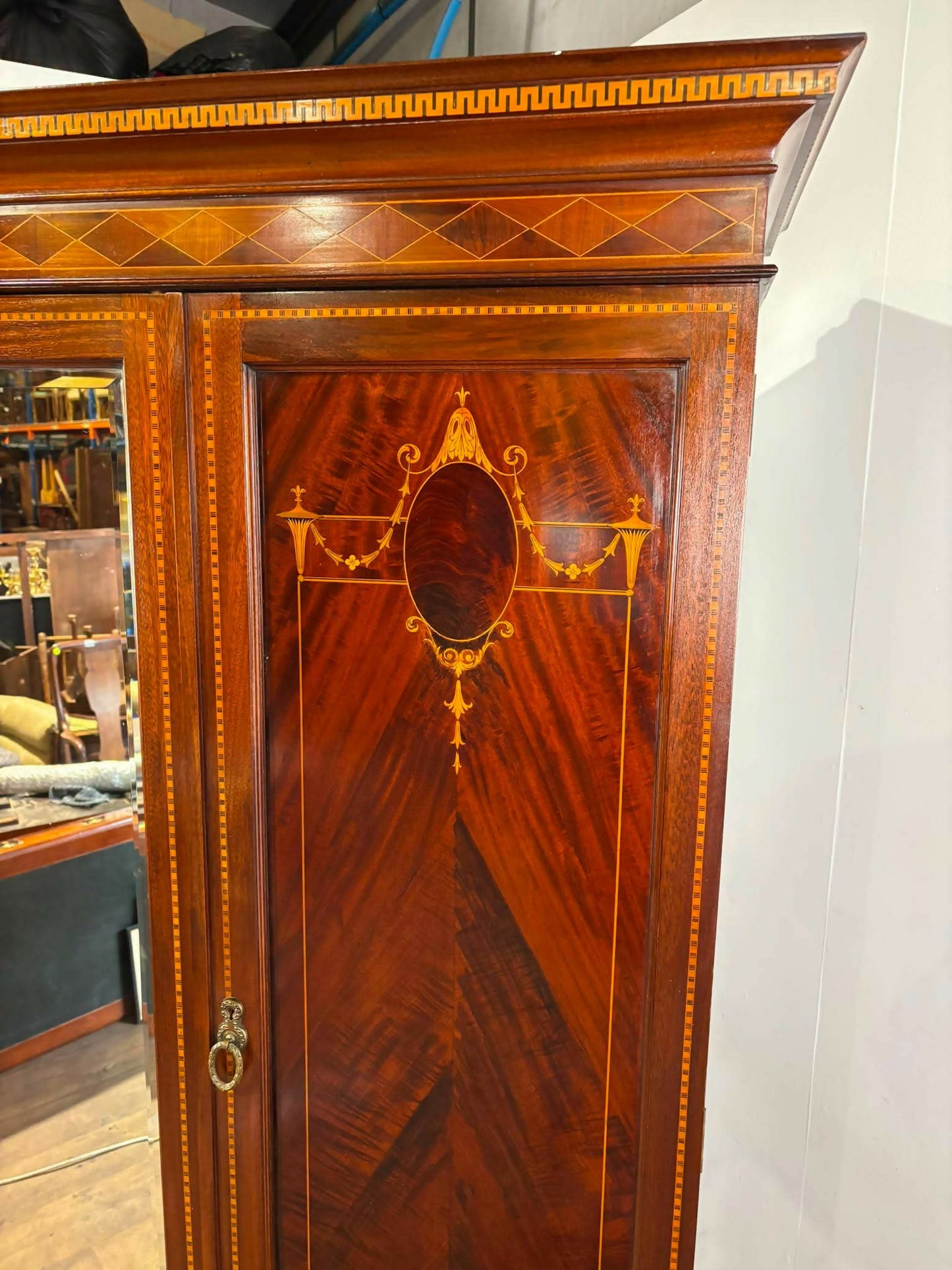 Edwardian Mahogany Inlaid Wardrobe / Armoire with Mirror & Drawers
