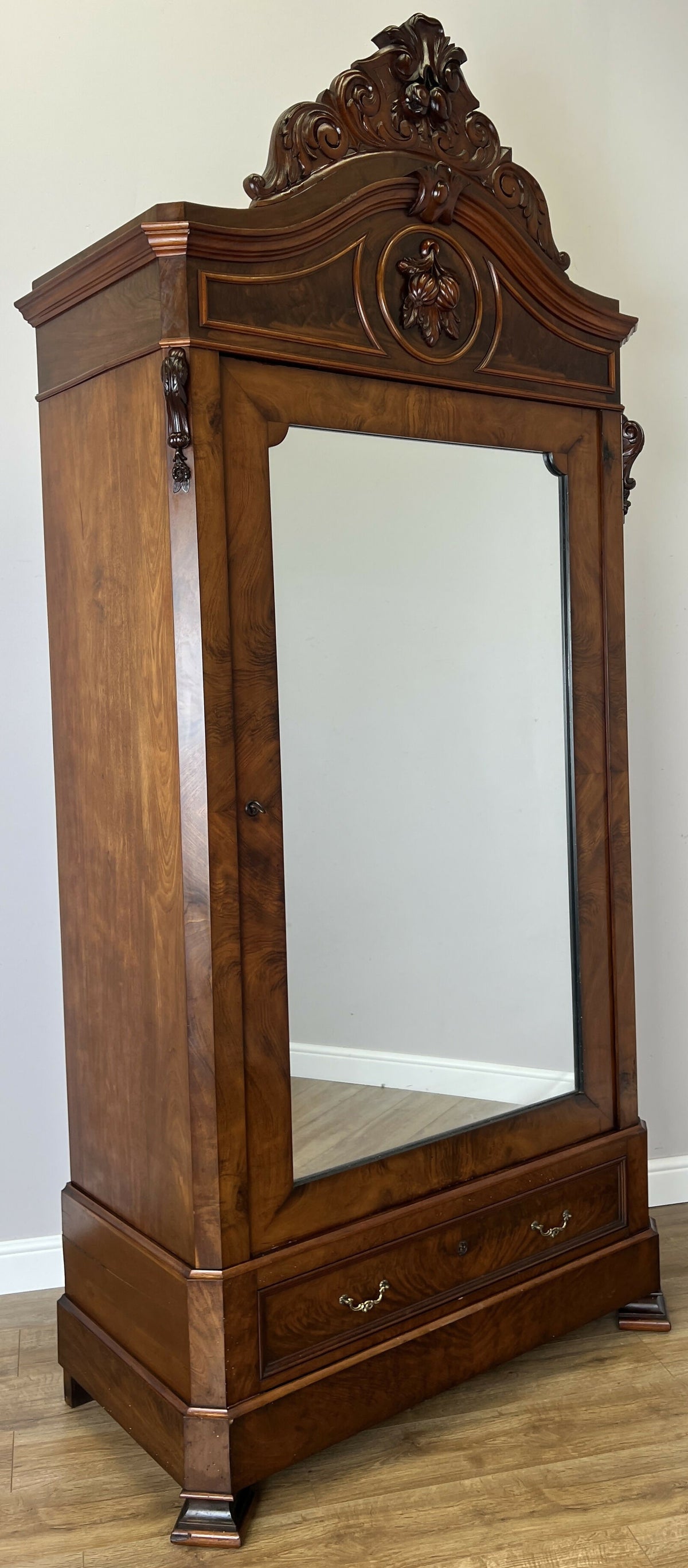 Wardrobe Antique French Style Burr Walnut Mirrored Carved Armoire LOT 6512