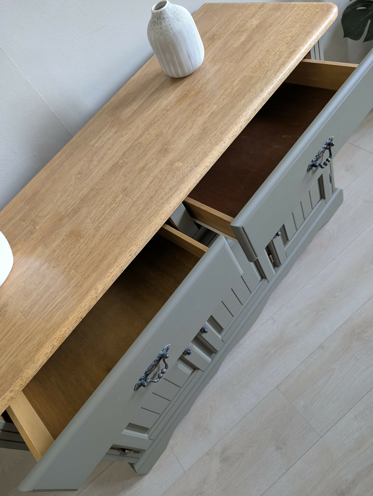 Vintage Oak Sideboard | Olive Green Painted Sideboard with Natural Oak Top