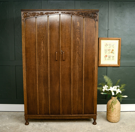 Art Deco Solid Oak Double Wardrobe - 1930s