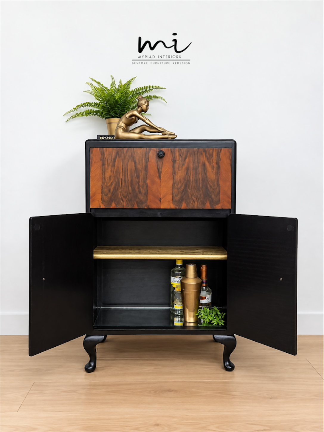 Refurbished Petit Art Deco Burl Walnut Cocktail Cabinet, black and gold drinks cabinet