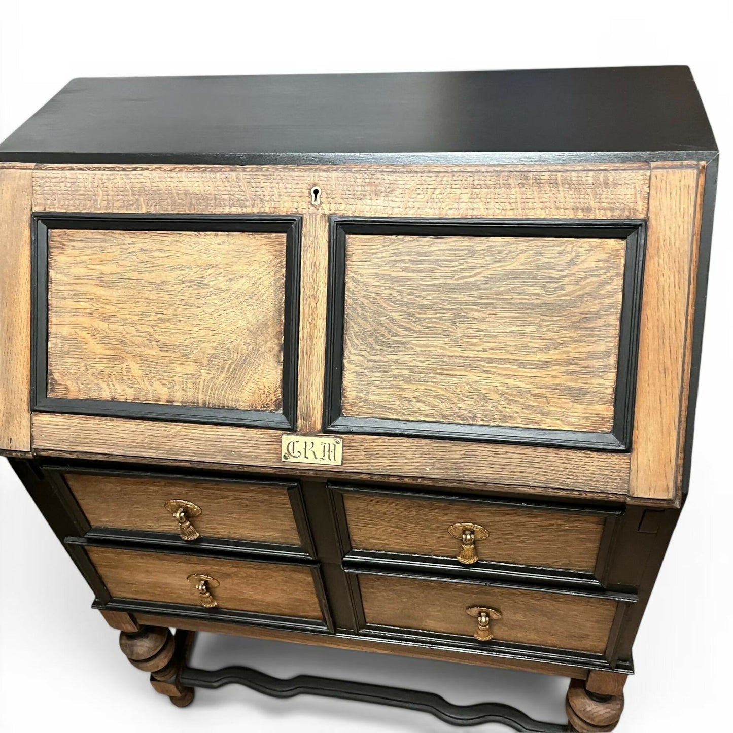 Vintage Oak Bureau Writing Desk / Fall Front Bureau / Refinished Storage Cabinet Black & Wood