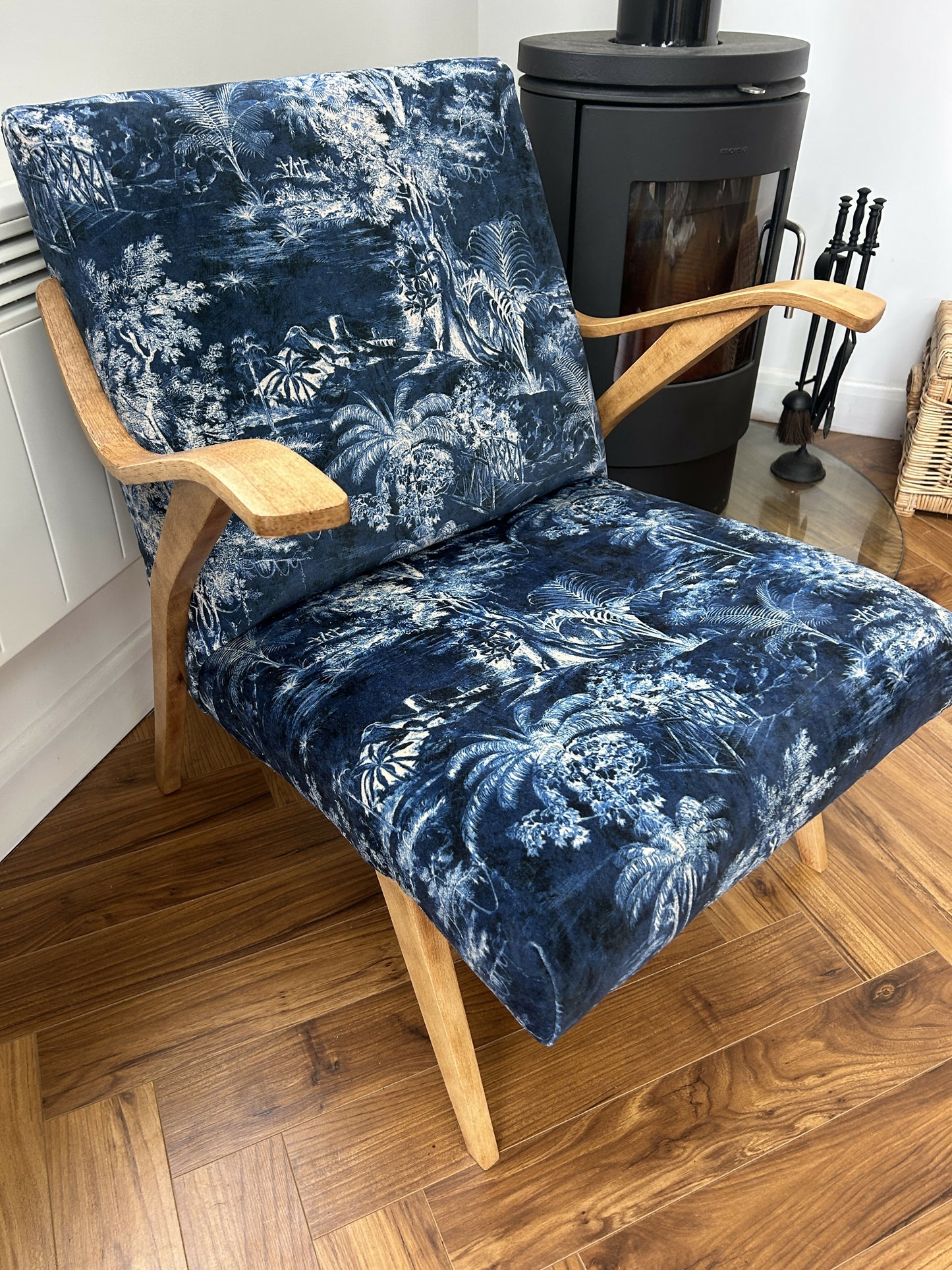 Mid-Century Armchair with Sculptural Oak Frame, Reupholstered in Linwood Velvet, c.1950s