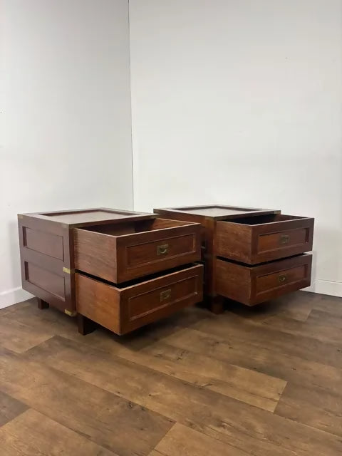 Pair of Campaign Style Hardwood Bedside Chests