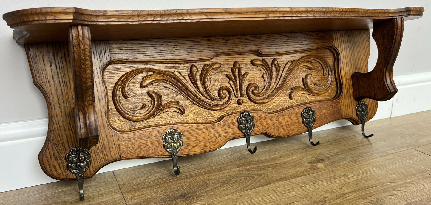 Coat Rack Vintage French Carved Oak Wall Mounted 5 Hooks Rack Hanger LOT 6367