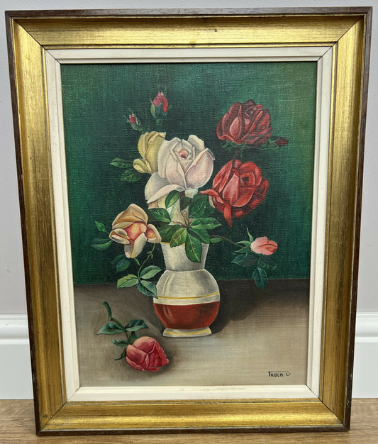 Oil Painting Vintage French Signed Roses Floral Still Life Framed Decor LOT 6415