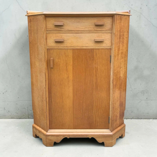 Mid century light Oak corner cupboard / vintage drinks cabinet
