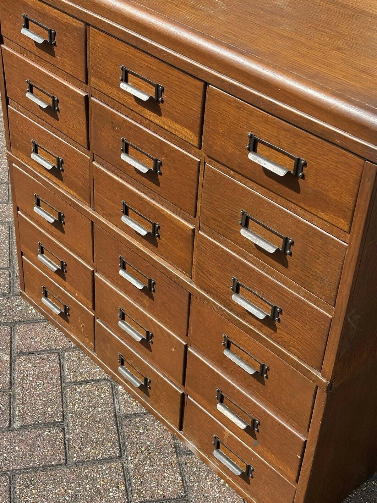 Large Vintage Edwardian Floor Standing Oak Filing Drawers. Cabinet Splits In Half.