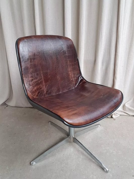 Vintage Mid Century Modernist Chrome Leather Swivel Chair By Charles Pollock #389