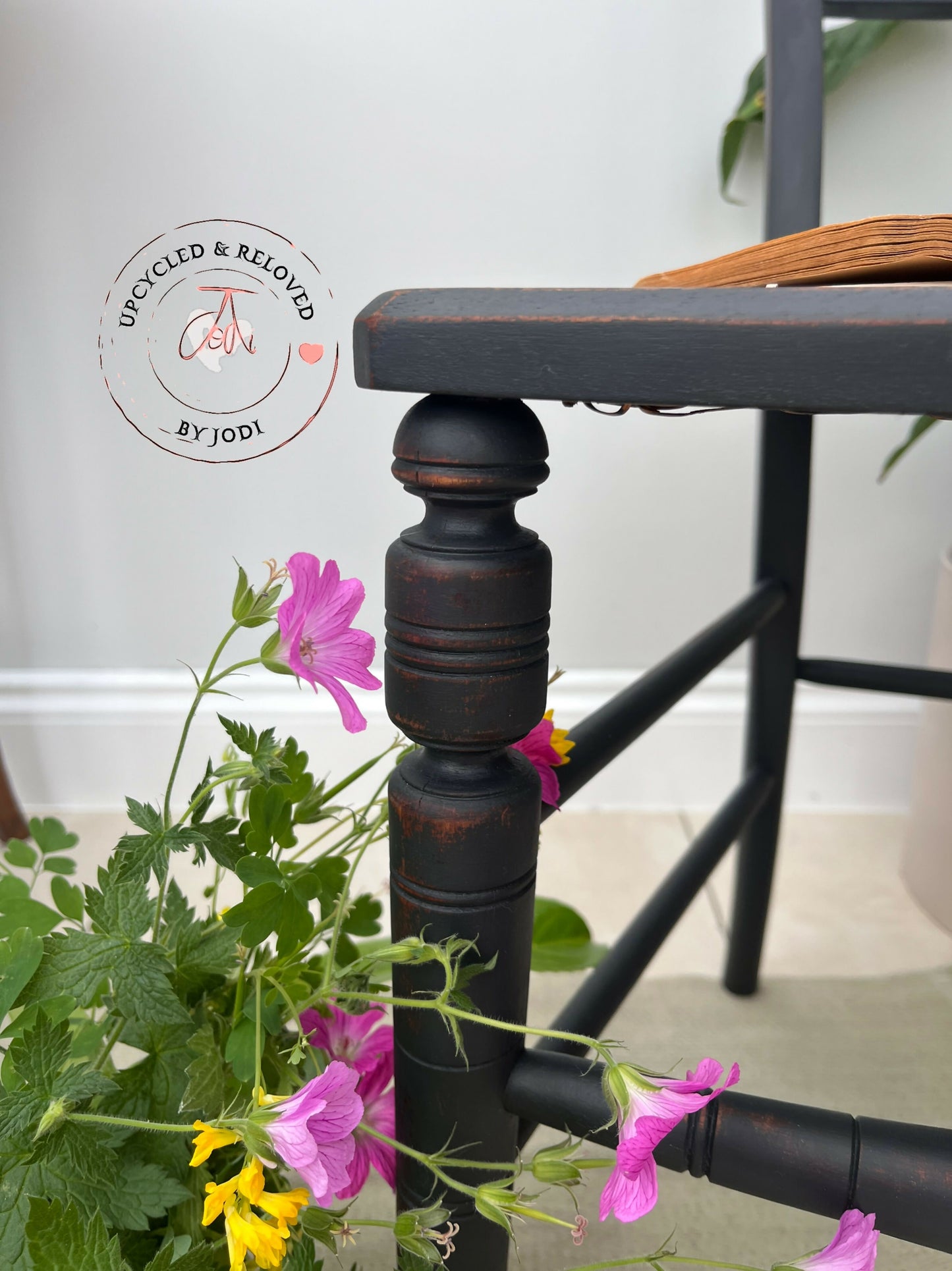 Edwardian chairs with rattan seats, lightly distressed in Ash Black- PAIR OF 2 CHAIRS