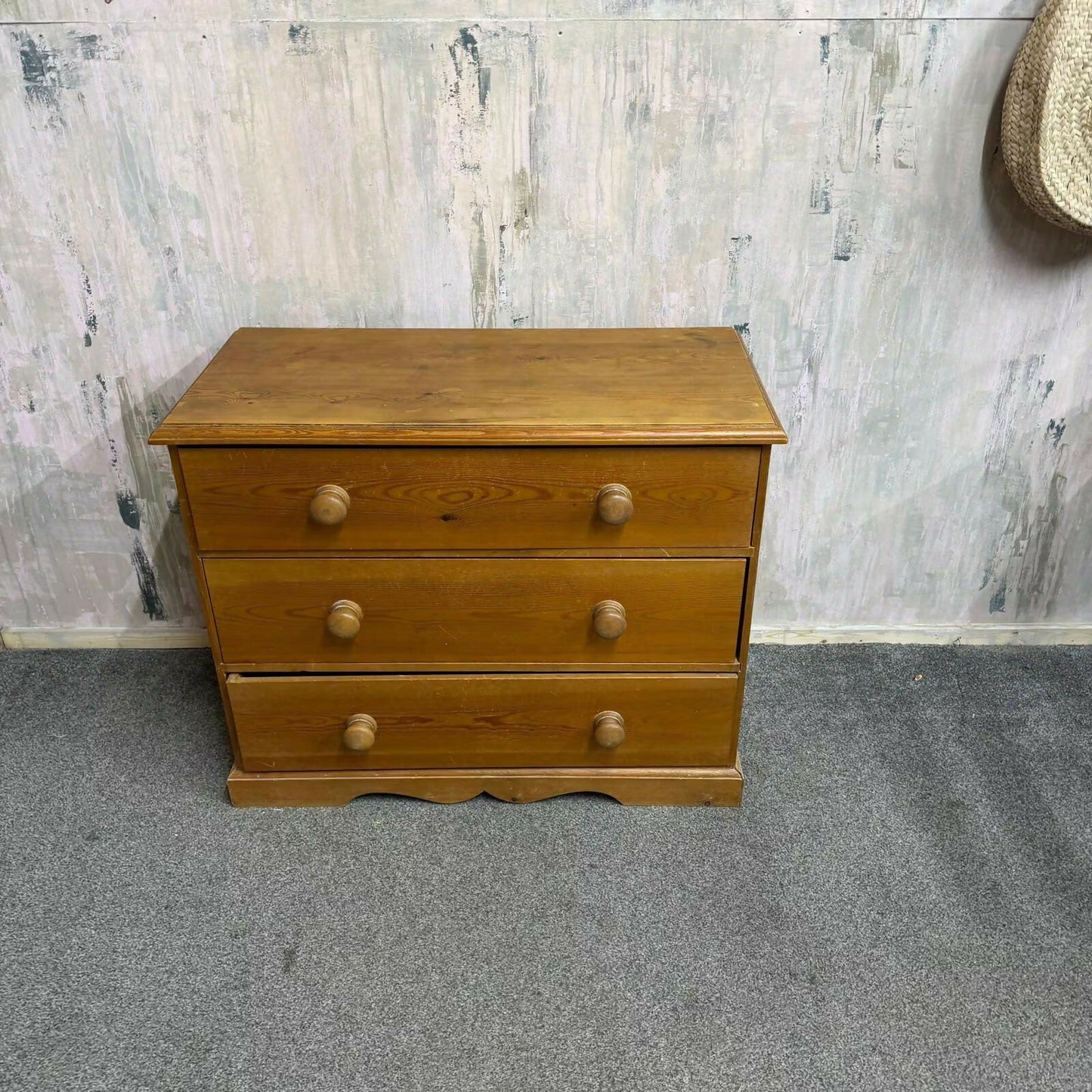 Vintage Solid Pine Low Chest of 3 Drawers Knob Handles Plinth