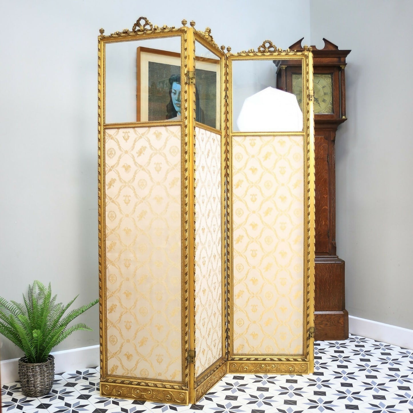 Folding Screen Room Divider Gilt Wood French Empire Style Paravent Silk and Glas