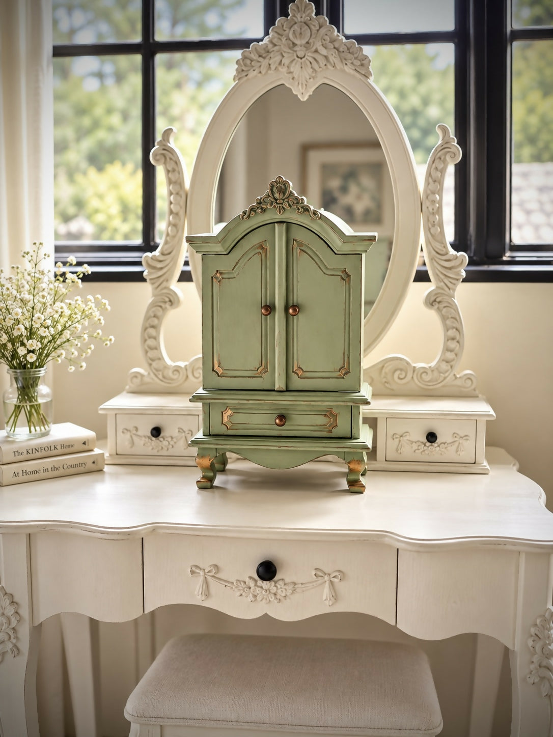 French-Style Miniature Armoire Jewellery Cabinet, Trinket Keepsake Box, Sage Green & Antique Gold