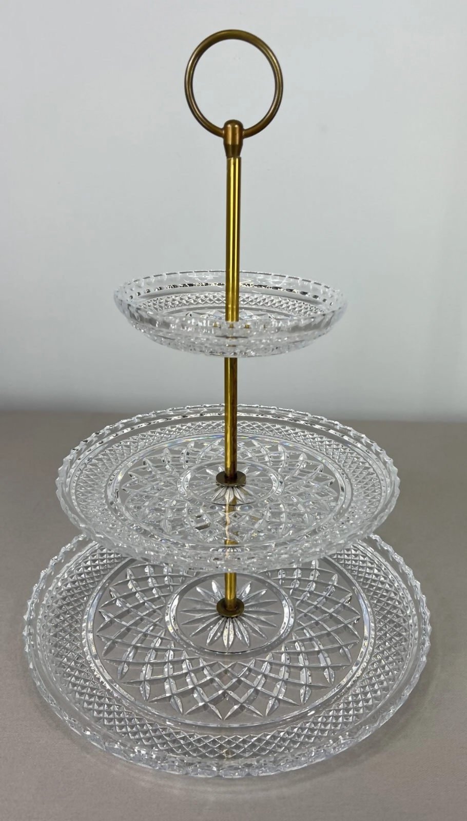 Cake Stand Vintage French Crystal Three Tier Serving Stand Brass Handle LOT 3600