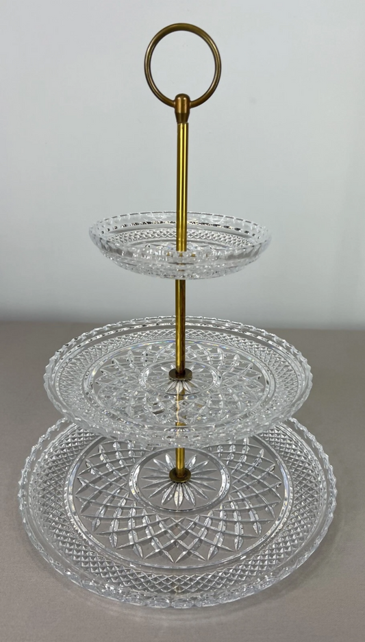 Cake Stand Vintage French Crystal Three Tier Serving Stand Brass Handle LOT 3600