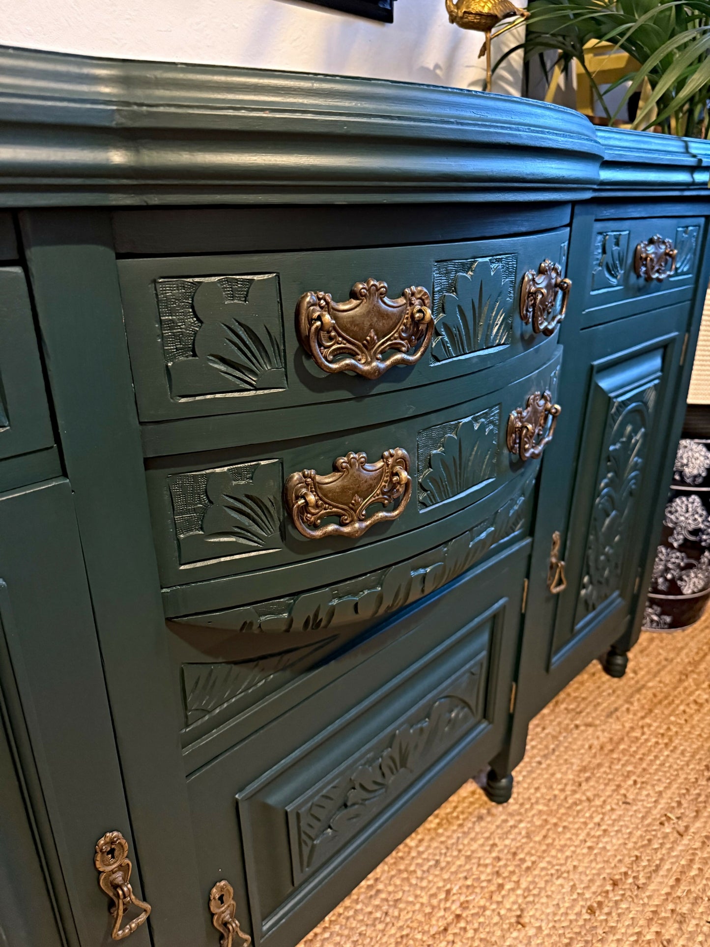 Newly refurbished antique sideboard solid oak green Edwardian