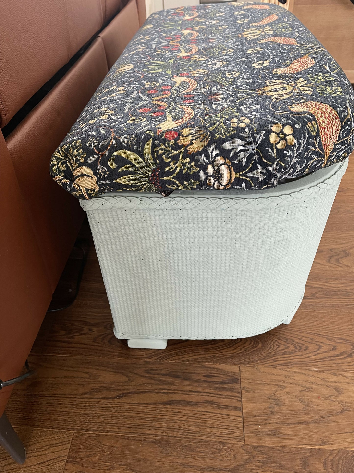 Mid century sky blue painted ottoman with William morris style upholstered seat
