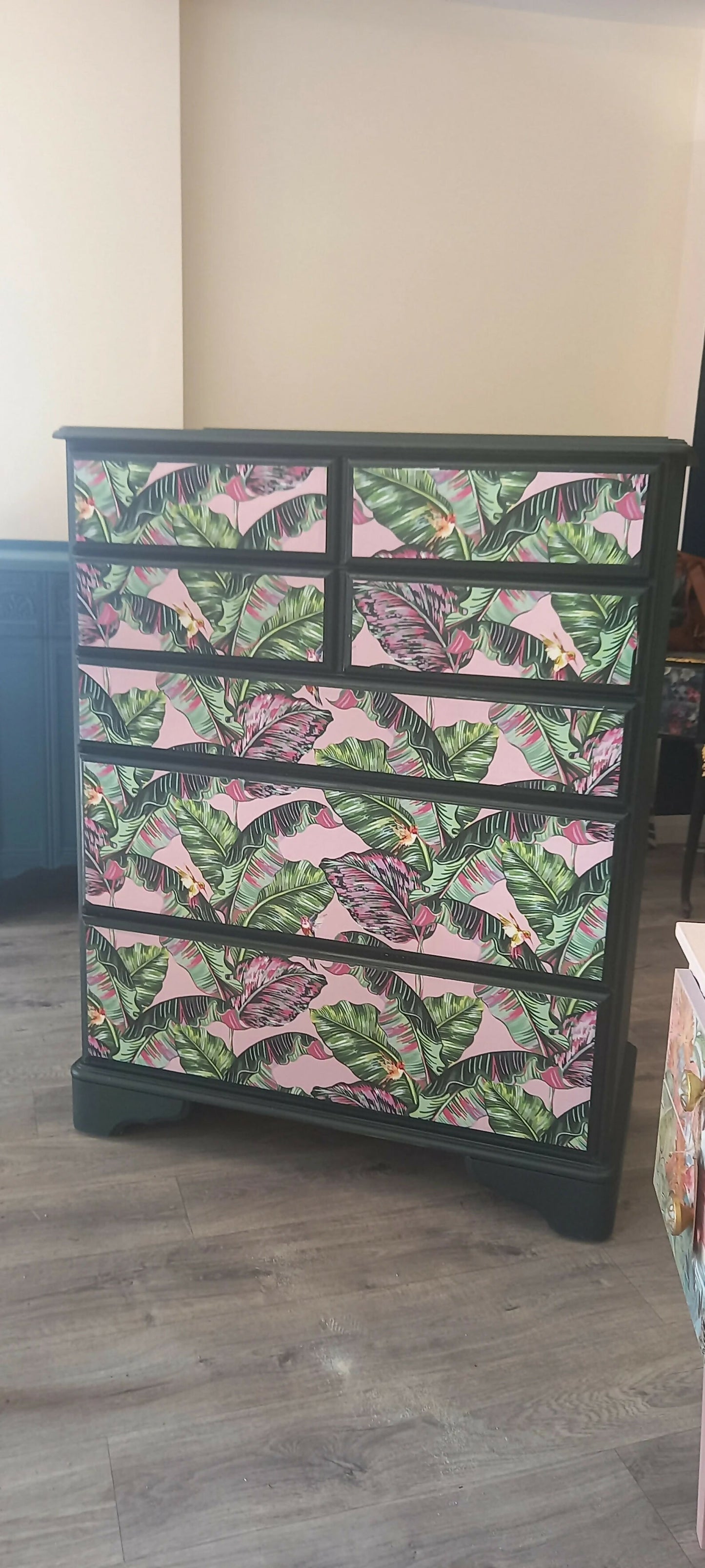 Chest of Drawers. Dark Green and Pink Leaf Print. Upcycled Painted Bedroom Furniture