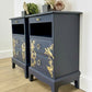 Rare refinished Stag Minstrel Tea Tray Bedside Tables in Navy Blue With Gold Floral Bird Design, Nightstands, vintage