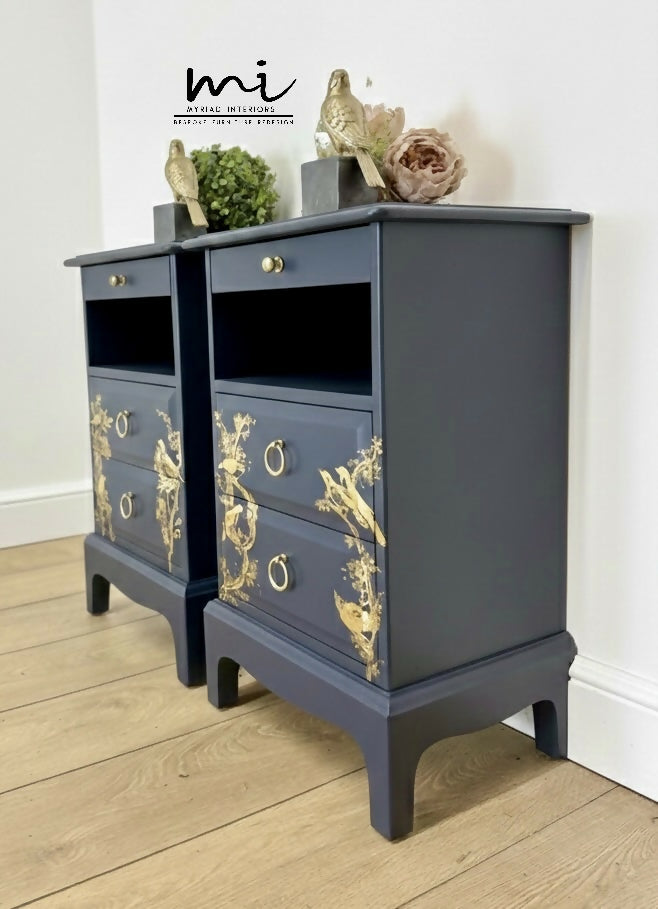 Rare refinished Stag Minstrel Tea Tray Bedside Tables in Navy Blue With Gold Floral Bird Design, Nightstands, vintage