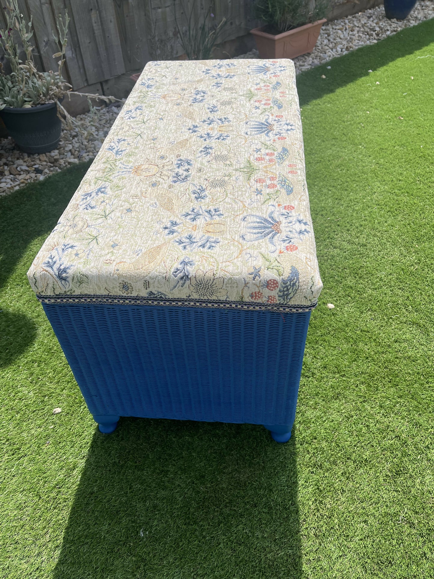 Lloyd loom 1950s storage box/ ottoman blue with William Morris style velvety feel too. Completely newly restored