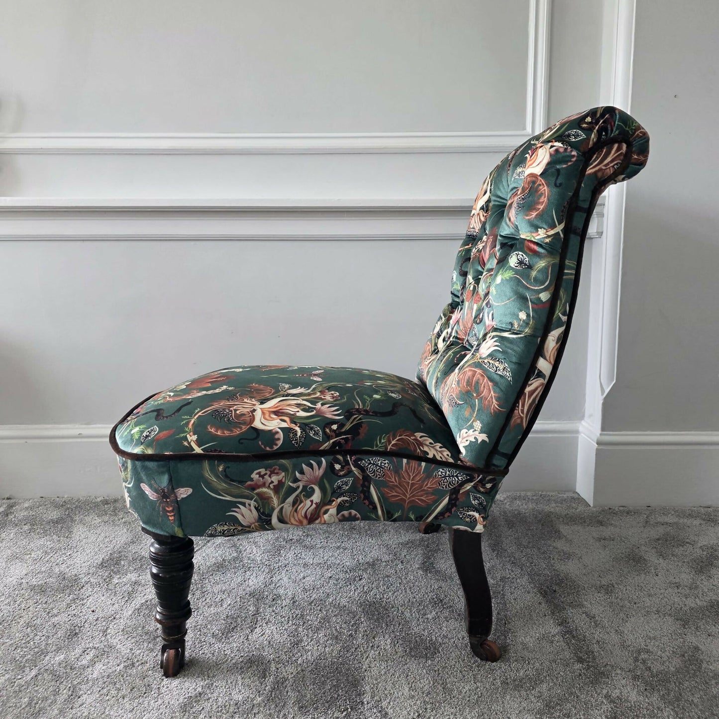 Antique Victorian Scroll Back Chair Fireside Seat - Newly Upholstered.