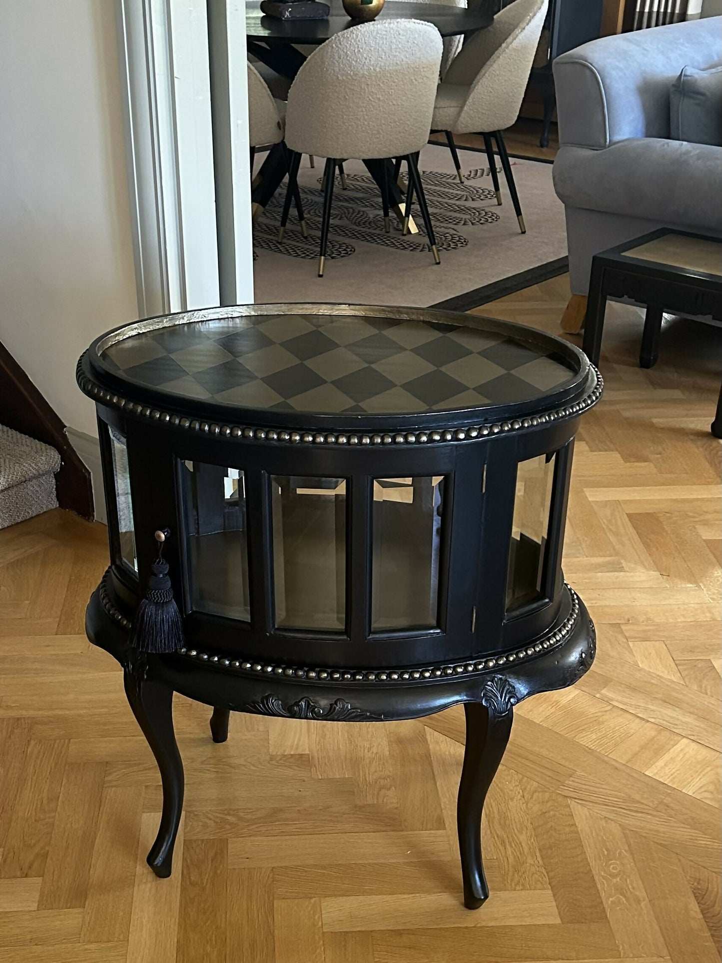 Drinks Cabinet. Handpainted, small oval glazed cabinet. Black/Gold
