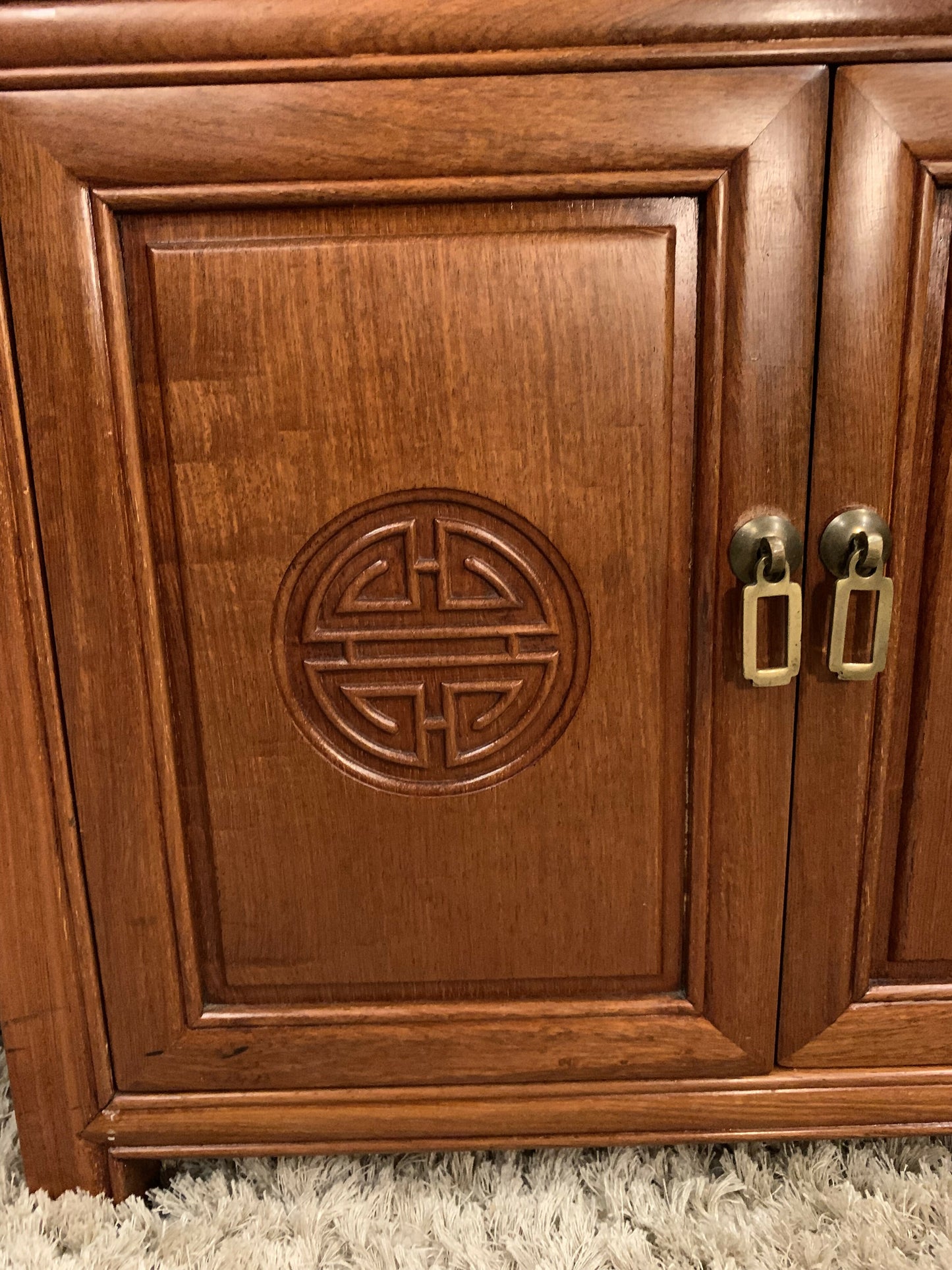 Two End Table/ bedside Carved Chinese with 1 drawer ,2 door and a glass top