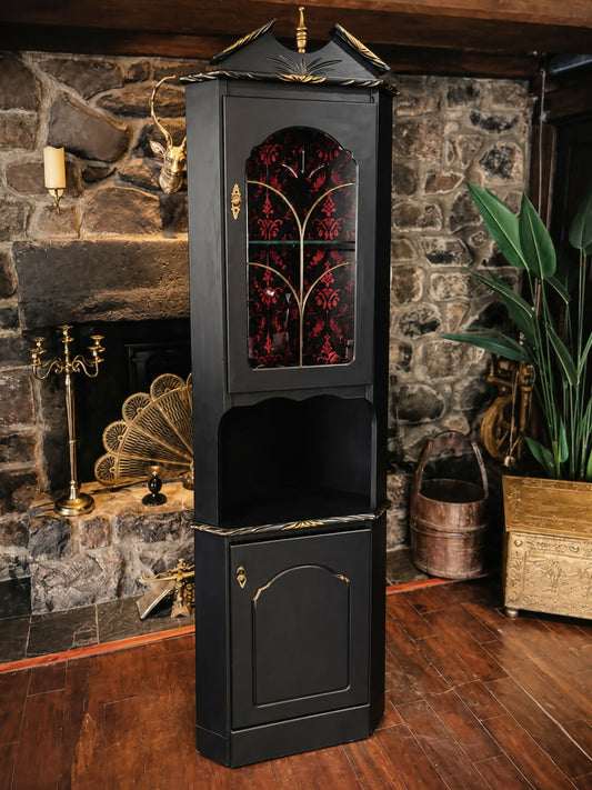 Vintage Gothic Corner Display Cabinet - Matte Black, Gold & Crimson Damask, Dark Academia