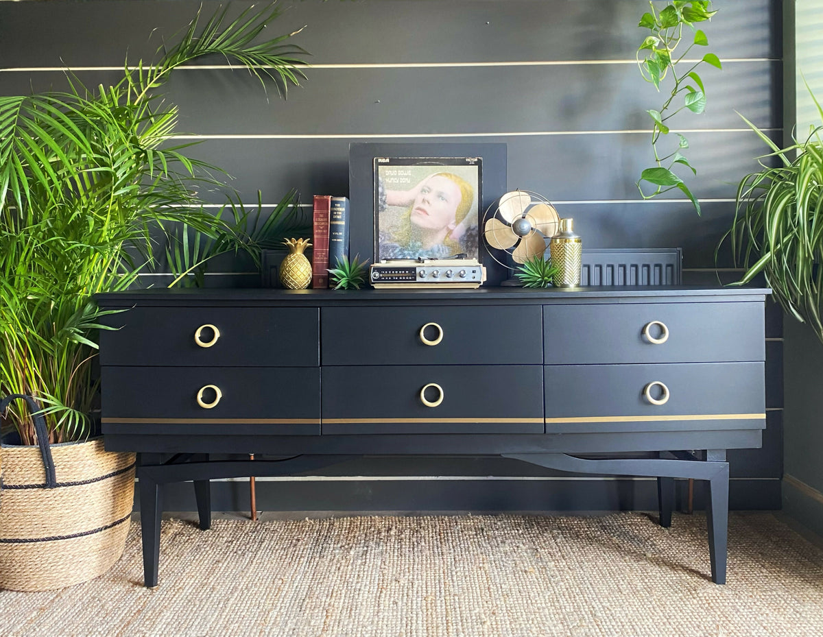 Sideboard With Drawers, TV Cabinet, Black Low And Wide, Mid Century.