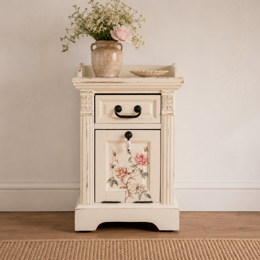 Cottagecore Floral Bedside Table | Vintage Cream Bedside Cabinet | Romantic Hand Painted Bedroom Furniture