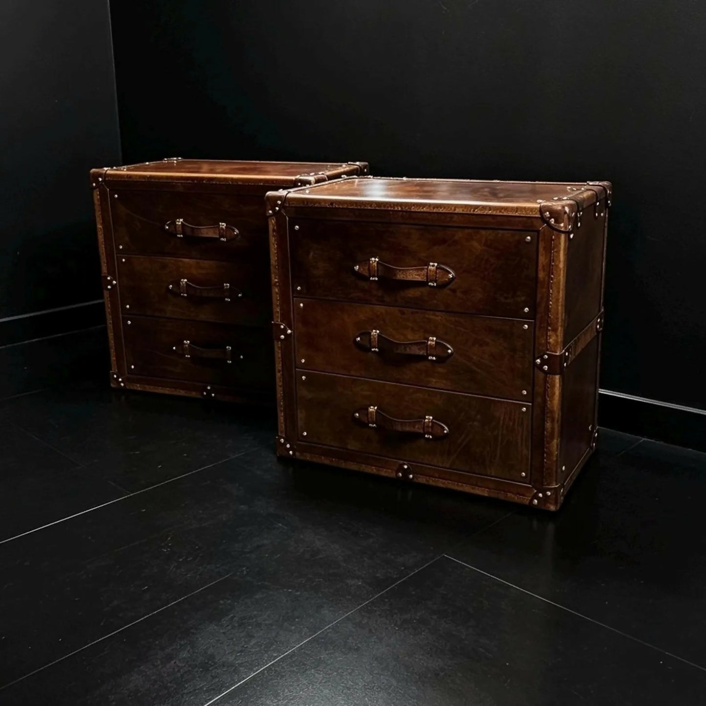 Leather luxury English bedside drawers - Handmade nightstands - Hand dyed bridle - Chestnut brown