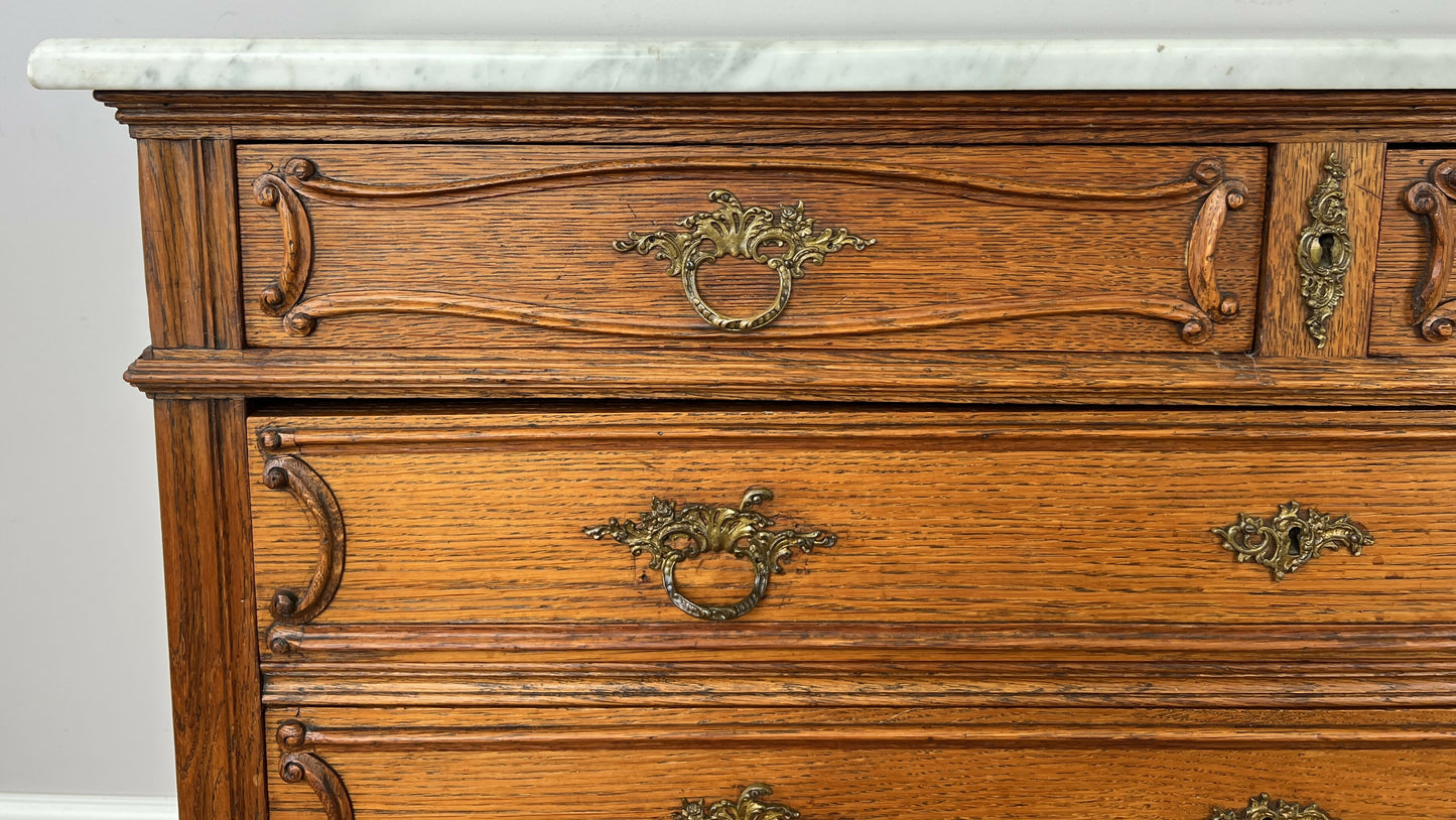 Chest of Drawers Antique French Oak Marble Top 5 Drawers Carved Cabinet LOT 6279