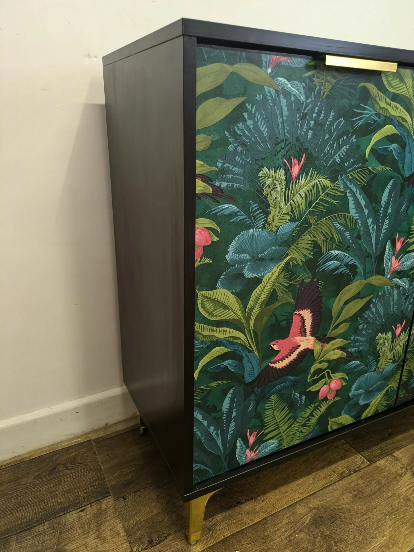 Contemporary Modern Sideboard Painted Black Tropical Bird Palm Tree Print. Sold Message For Commission